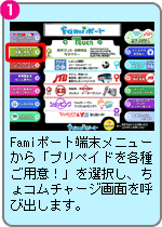 Famiポート端末メニューから「プリペイドを各種ご用意！」を選択し、ちょコムチャージ画面を呼び出します。